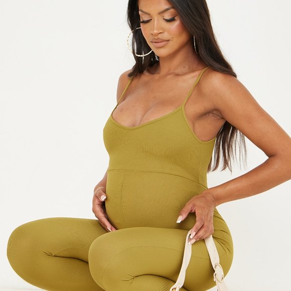 PrettyLittleThing Maternity Ribbed Jumpsuit Olive US10/UK14 - Picture 2 of 11